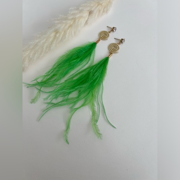 Long Dangle Green Feather Hippie Chic Earrings - Vibrant Whimsical Earrings - Picture 1 of 17